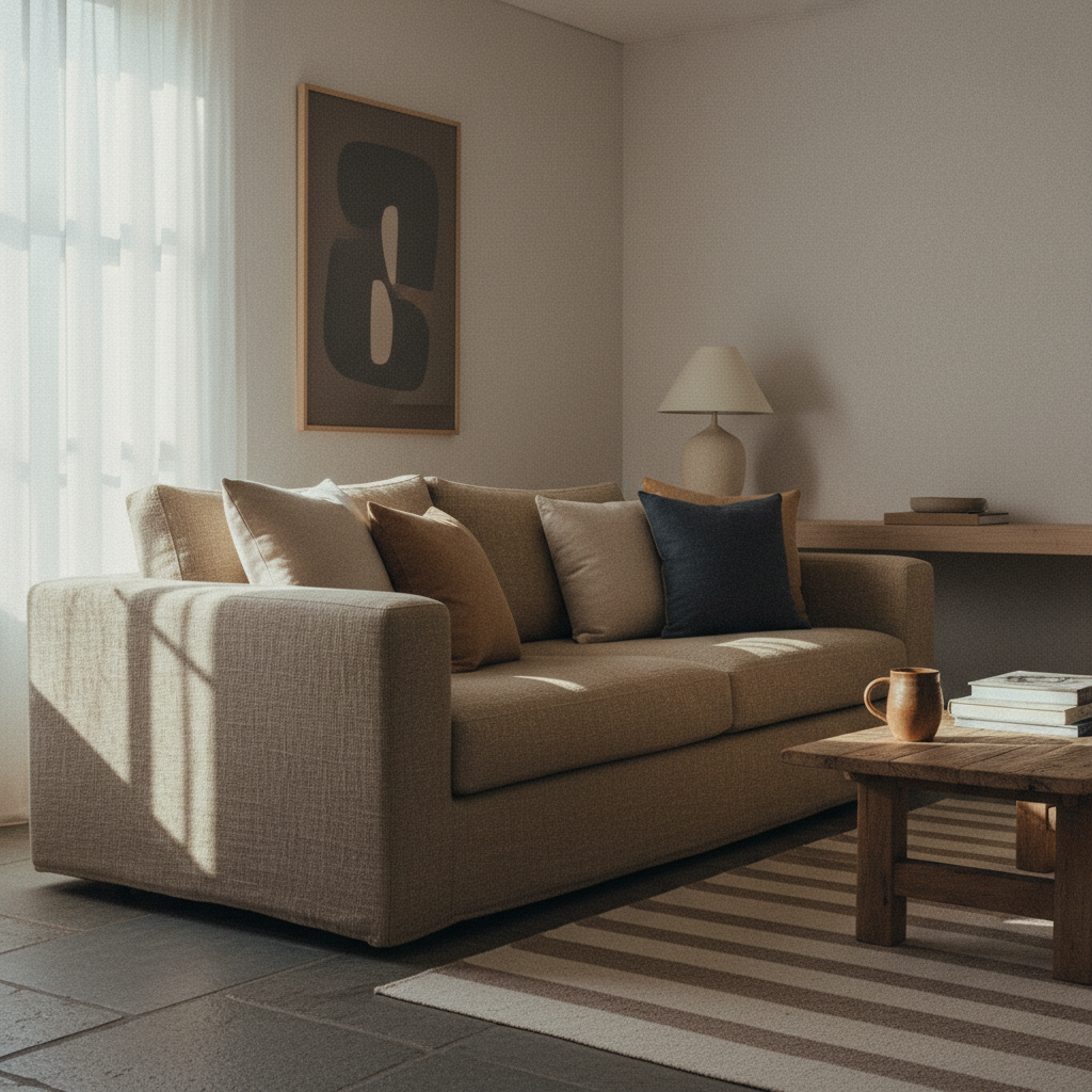 The Atlantic Seaboard brief, morning light, quiet interior, a sofa made to the room rather than imposed on it.